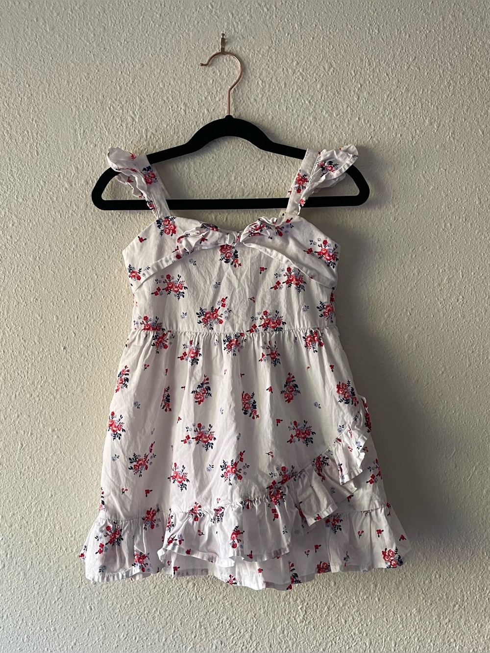 Janie and Jack Girls Size 3 Floral Dress White Red Blue Ruffle Bow Cotton Preppy